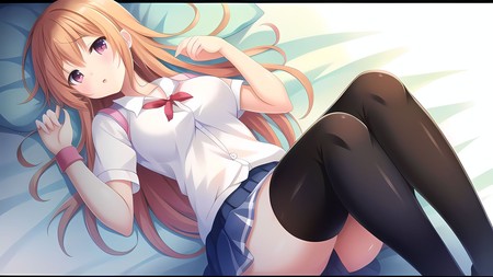 anime girl laying on a bed with a white shirt and black stockings