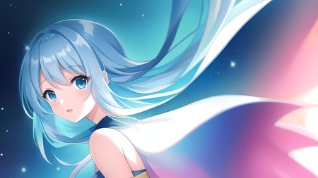 anime girl with long blue hair and blue eyes in the sky