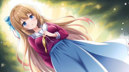 anime girl with long blonde hair and blue dress holding a yellow ribbon