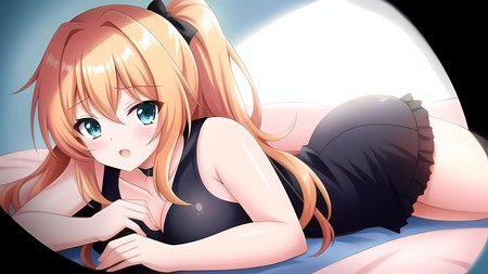 anime picture of a woman laying on a bed with blue eyes