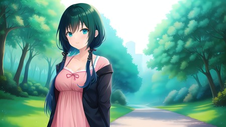 anime girl with blue eyes standing in the middle of a road