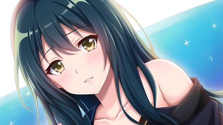 anime girl with long black hair wearing a black top and blue eyes