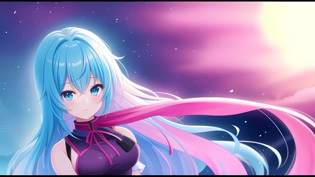 anime girl with long blue hair and a pink scarf around her neck