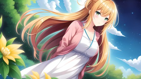 anime girl with long blonde hair standing in front of a flower