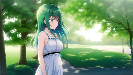 anime girl with green hair standing in a park with trees in the background