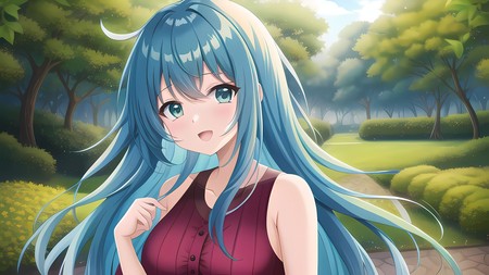 anime girl with long blue hair standing in a park with trees in the background