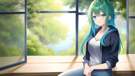 anime girl sitting on a window sill with her hands in her pockets