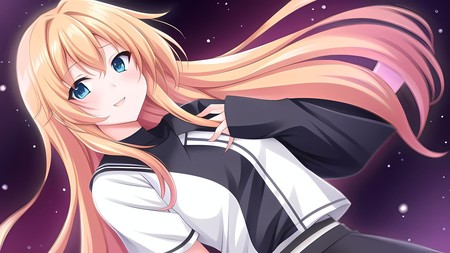 anime girl with long blonde hair and a black and white shirt