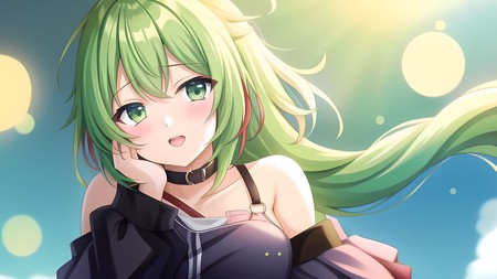 anime girl with long green hair and a black top with green eyes