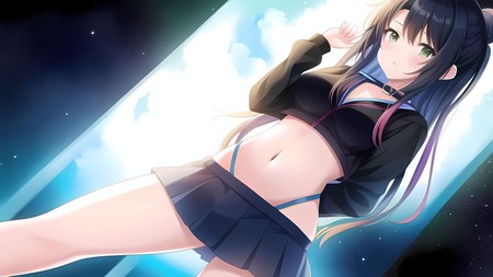 anime girl in a short skirt and a black top is standing in front of a star filled sky