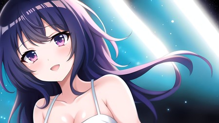 anime girl with long purple hair wearing a white bra and looking at the camera