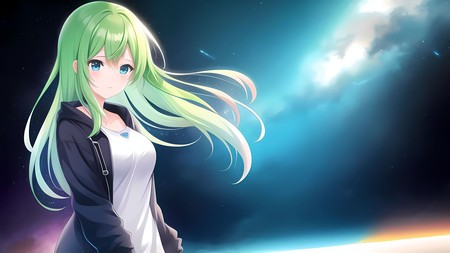 anime girl with long green hair standing in front of a night sky