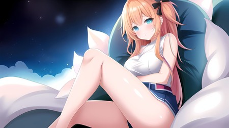 anime girl sitting on a pillow with her legs crossed and eyes closed