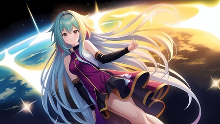 anime girl with long white hair flying through the air with a star in the background