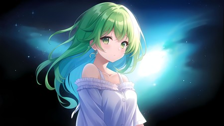 anime girl with green hair in a white shirt and blue dress