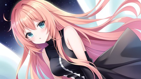 anime girl with long pink hair and blue eyes in a black dress