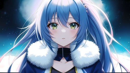 anime girl with long blue hair and green eyes wearing a fur collar