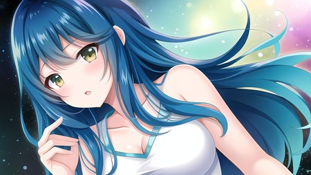 anime girl with long blue hair wearing a white tank top and holding a cell phone up to her ear