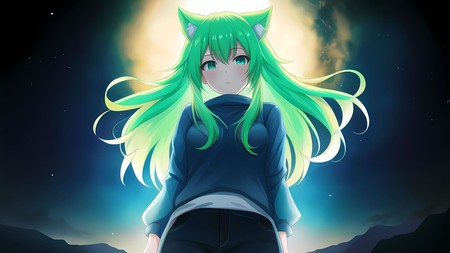 anime girl with long green hair standing in front of a full moon