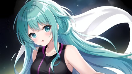 anime girl with long blue hair and a black top with white wings