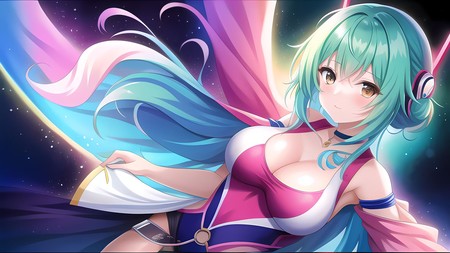 anime girl with long green hair and a pink and blue outfit