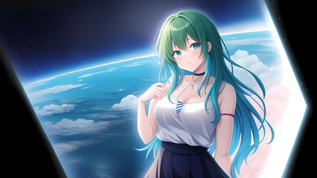 girl with long green hair standing in front of a picture of the earth