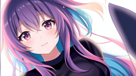 anime girl with long purple hair and pink eyes and a black top