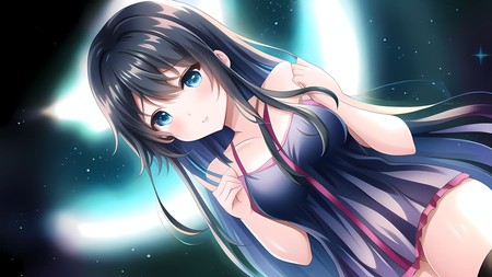 anime girl with long hair and blue eyes wearing a purple dress