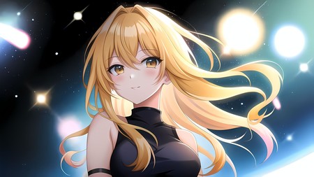 anime girl with long blonde hair in a black dress with stars in the background