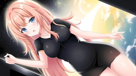 cartoon girl with long pink hair in a black dress with blue eyes
