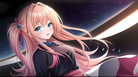 anime girl with long blonde hair and blue eyes in a black shirt