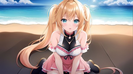 anime girl sitting on the beach with her hands on her knees