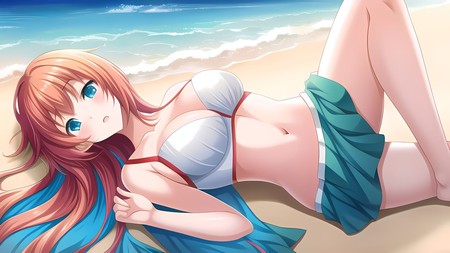 anime girl laying on the beach with her bikini on her stomach