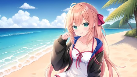 anime girl sitting on a beach next to the ocean with her hand on her head