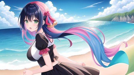 anime girl with long hair walking on a beach near the ocean