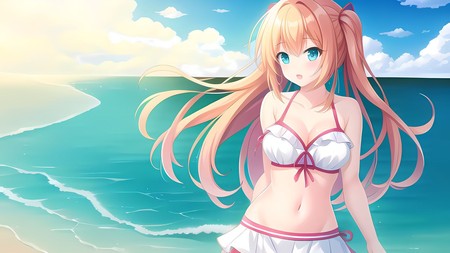 anime girl in a bikini standing on the beach near the ocean