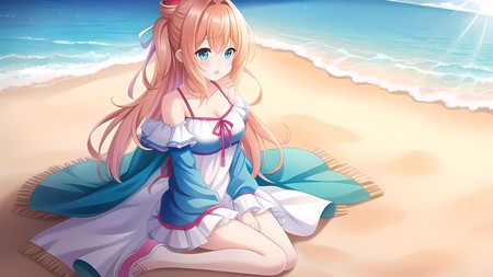 anime girl sitting on the beach with her legs crossed and eyes closed