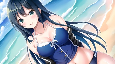 anime girl in a blue bikini standing on a beach with the ocean in the background