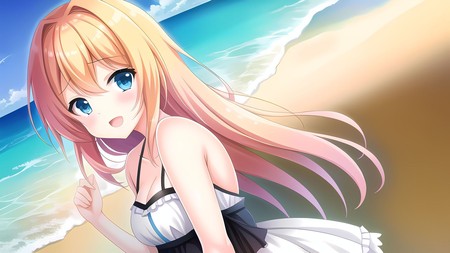 cartoon girl with long blonde hair standing on a beach next to the ocean