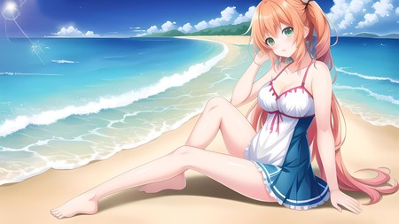 anime girl sitting on the beach with her hand on her head