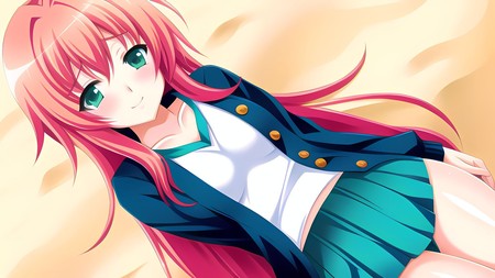 anime girl with long pink hair laying on the ground with her legs crossed