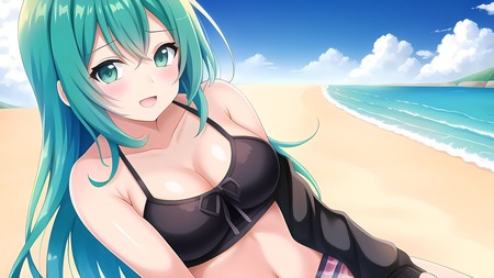 anime girl with long green hair laying on a beach with a blue ocean in the background