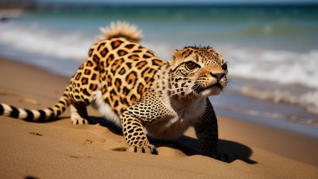 cheetah walking on the sand near the ocean with waves in the background