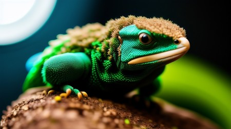 close up of a green lizard on a rock with a blurry background