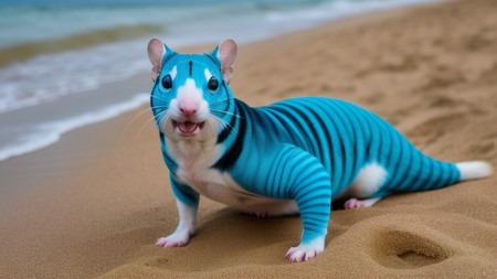 blue and white striped animal sitting on top of a sandy beach