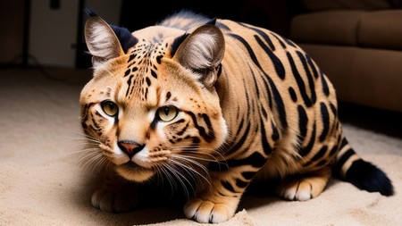 tiger cat sitting on the floor looking at the camera with its eyes wide open