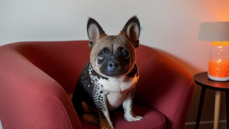 dog sitting on a red chair next to a table and lamp