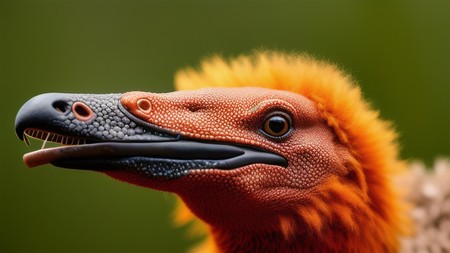 close up of a bird's face with a green background
