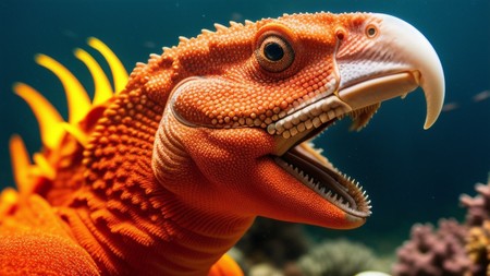 close up of an orange lizard with its mouth open and it's teeth wide open