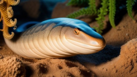 blue and white snake laying on top of sand next to plants